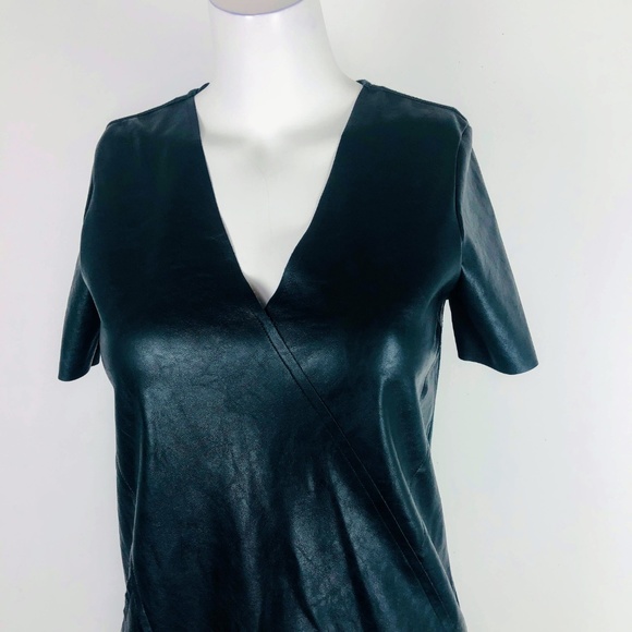 Zara Faux Leather Shift Black Dress V-Neck Short - Picture 3 of 6